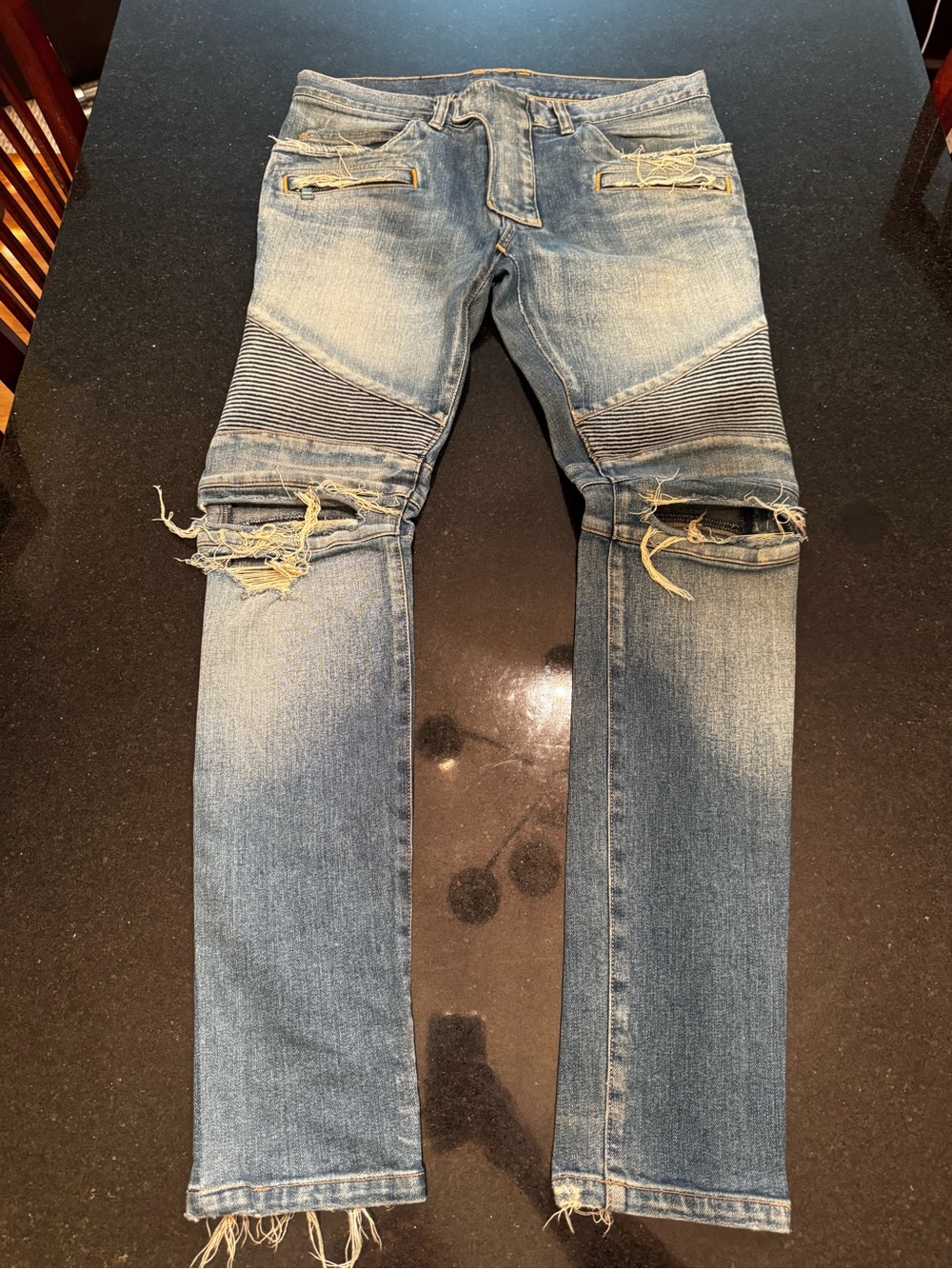 Balmain Distressed Skinny Moto Jeans - Light Blue Wash